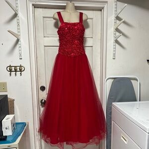 Vintage 90s Dress “Masquerade” Vibrant Red Satin Tulle Gown 6-8 Medium